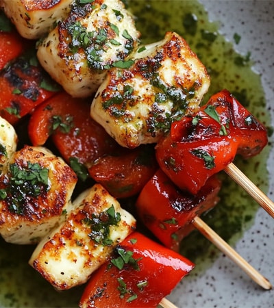 Halloumi és zöldséges nyárs bazsalikomos olajjal